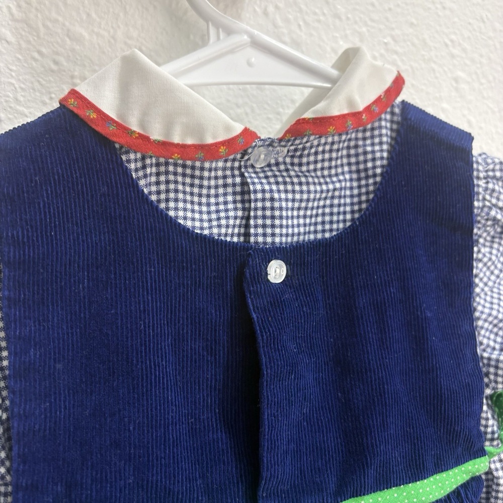Vintage 2 Piece Farm Gingham Dress Navy Corduroy Pinafore Baby Girl Dress 9-12M - Picture 7 of 13
